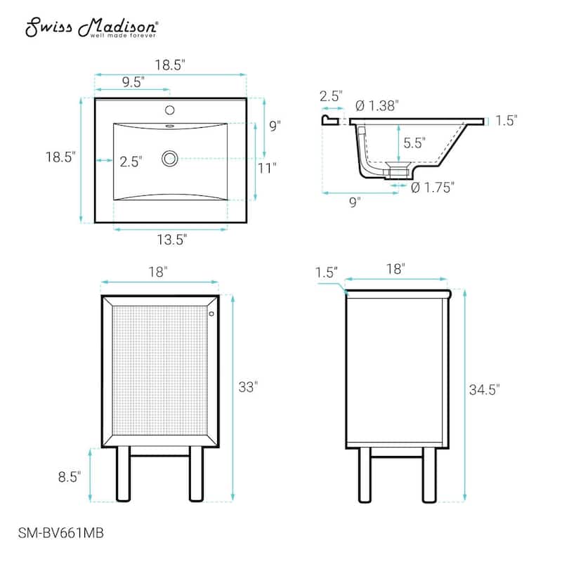 Swiss Madison SM-BV661MB Classe 32" Free Standing Single Basin Vanity