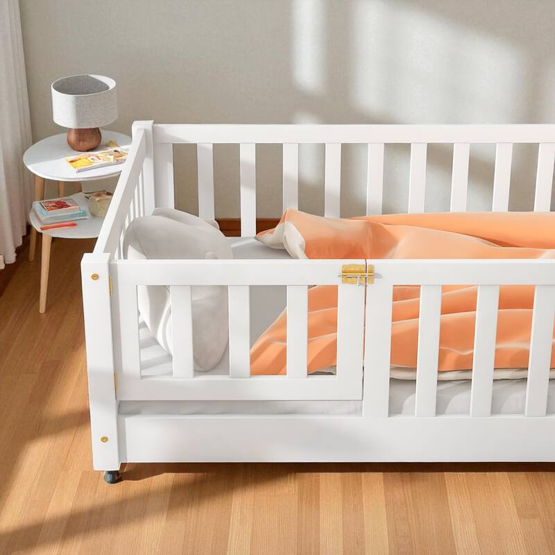 Twin Size Floor Bed with Fence and Door, Rubber Wood Frame with Safety Guardrails