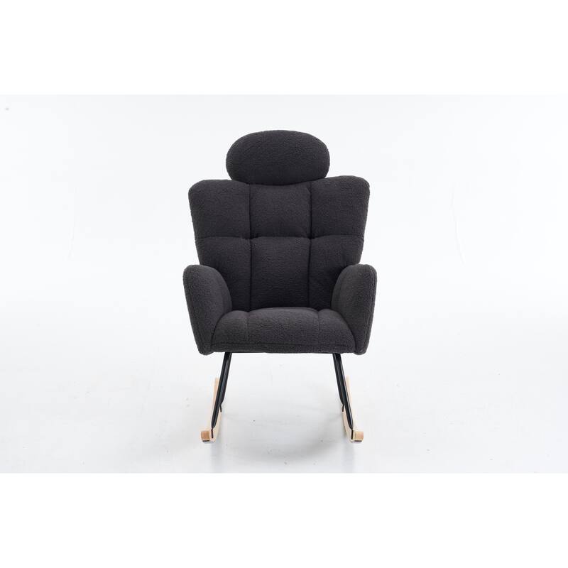 Comfortable Teddy Fabric Upholstered Rocking Chair with High Backrest and Pillows for Indoor Use