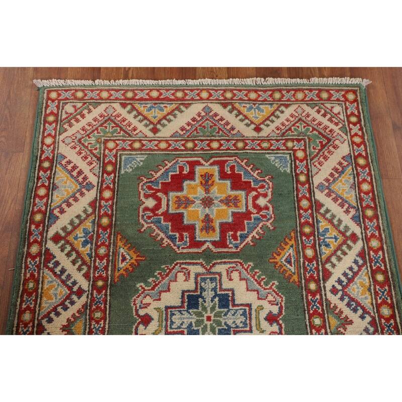 Green Geometric Kazak Accent Rug Hand-Knotted Wool Carpet - 2'9" x 3'11"