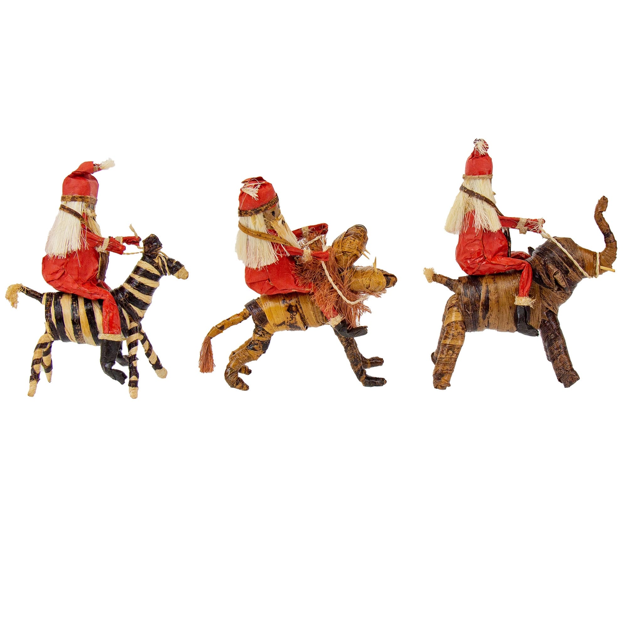 Set of Three Banana Fiber Santa Riding on Safari Animals- Lion, Zebra ...