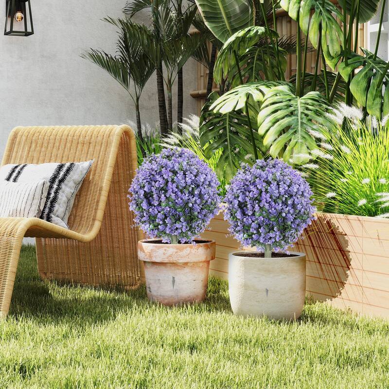 HOMCOM Set of 2 1.3ft (15.8") Artificial Boxwood Topiary Ball Bush with Integrated Ground Stake, Faux Plants