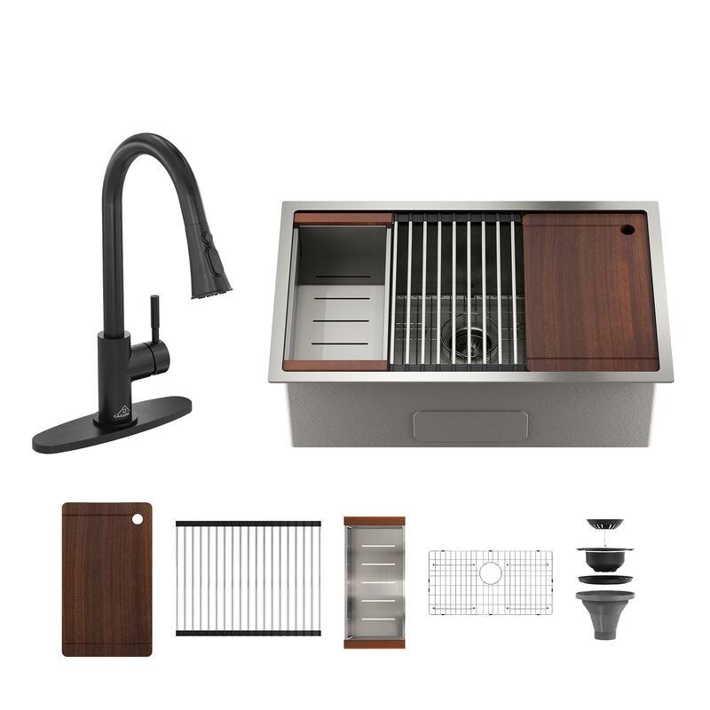 Undermount Single Bowl Nano Brushed Stainless Steel Workstation Kitchen Sink with Pull-Down Kitchen Faucet and Accessories - 32" Nano Brushed Sink + 2-Spray Pull-Down Faucet - 32 x 19 x 10
