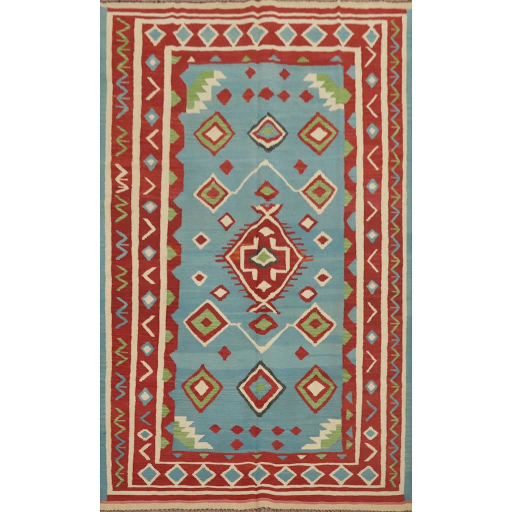 Hand Woven Oriental 100% Wool Carpet Southwestern Tribal Navy Blue & Blues Kilim Area Rug - 9' 2'' X 6' 1''