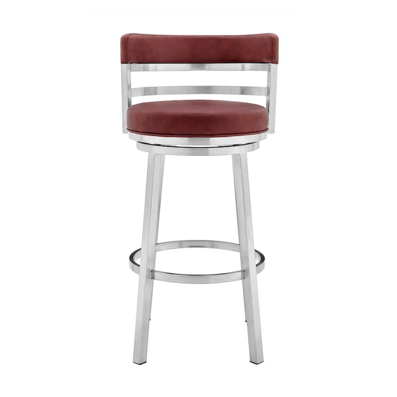 HomeRoots 26" Red And Silver Faux Leather And Iron Swivel Low Back Counter Height Bar Chair