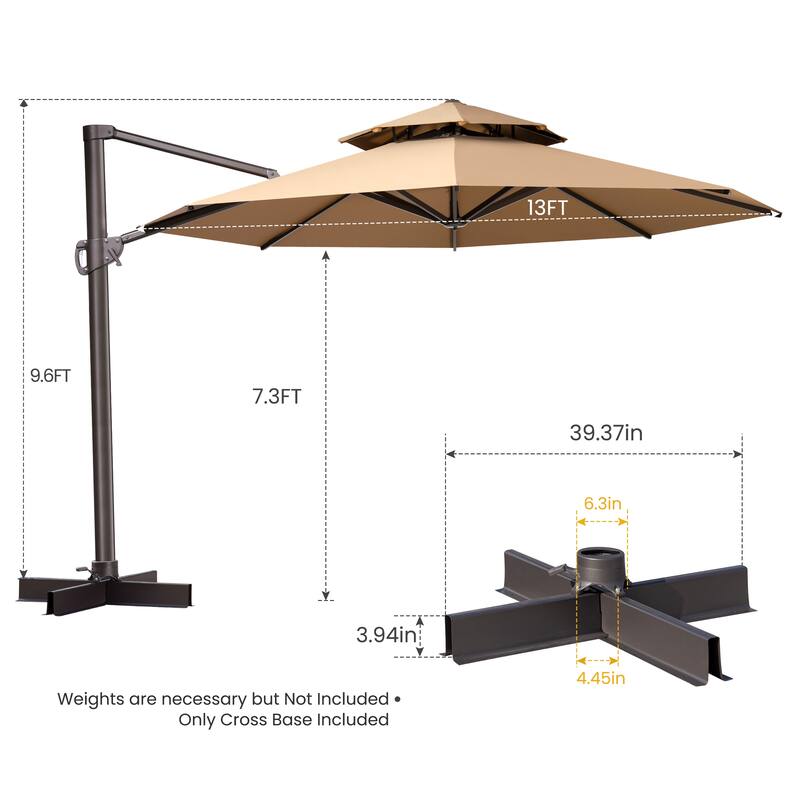 10 FT x 13 FT Outdoor Luxury Solar LED Patio Cantilever Umbrella With Base