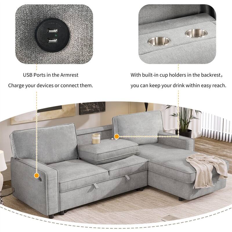 Upholstery Sleeper Sectional Sofa with Storage and 2 Cup Holder, Modern Corner Sectional with Pull-Out Sleeper and USB port