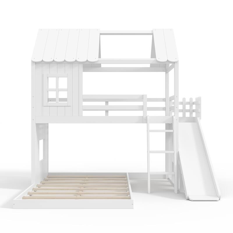 Twin over Full House Bunk Bed with Ladders and Slides, House Floor Bunk Bed with Storage Shelves and Wardrobe