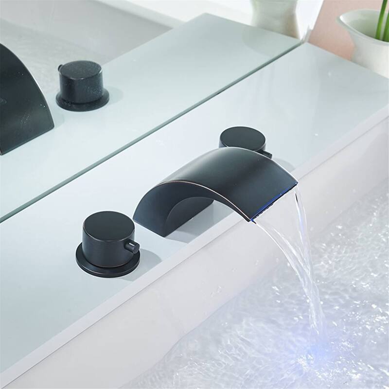 LED Widespread Bathroom Faucet With Drain Assembly 3 Holes Waterfall Bathroom Sink Faucets WIth Light 2 Handle Basin Vanity Tap