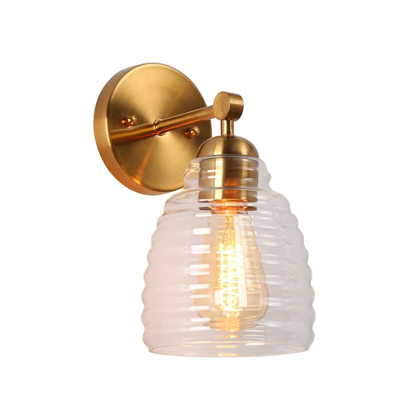 Reno Modern 1-Light Gold Bathroom Vanity Light Clear Glass Wall Sconce - L 5.5" x W 7.5" x H 9.8"