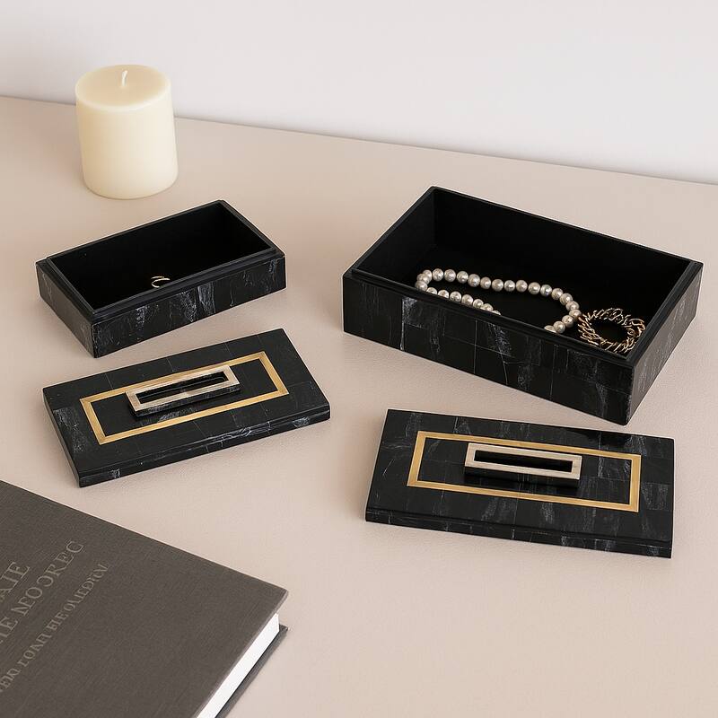 Resin Wood Decorative Storage Boxes (Set of 2) - 5" & 4" Black, Gold - 14" x 8" x 4.5"