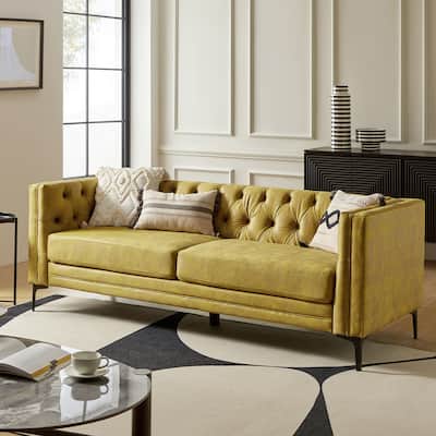 Wales Contemporary Upholstered 84" Sofa with Tufted Back and Metal Leg by HULALA HOME