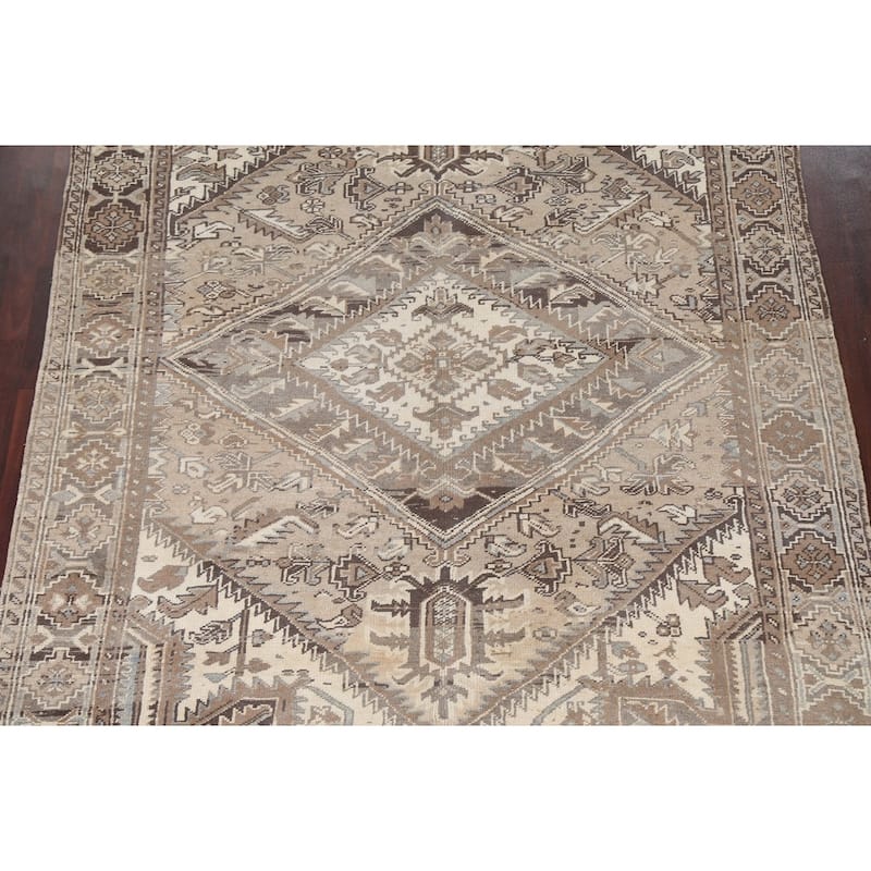 Vintage Geometric Distressed Heriz Persian Area Rug Wool Hand-knotted - 7'0" x 9'2"
