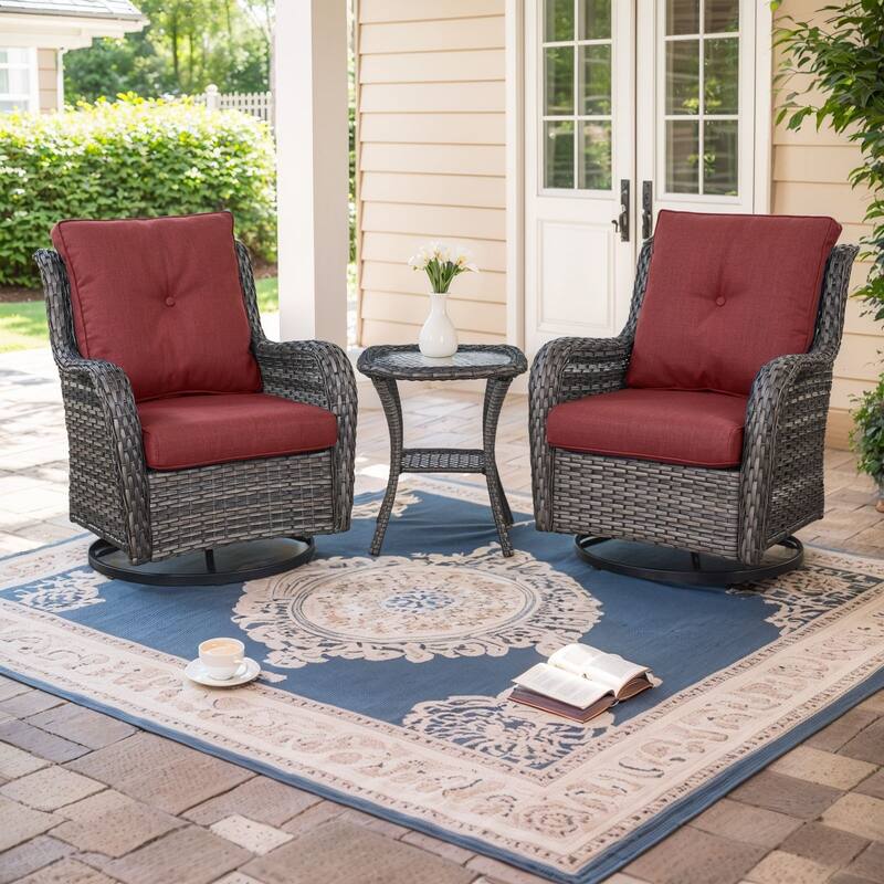 Outdoor Swivel Chairs Patio Rocker Glider Chairs with Coffee Table - Grey - Red