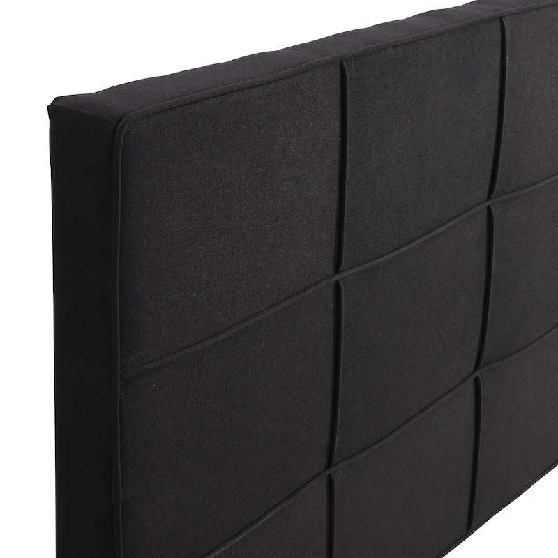 Black King Size Upholstered Platform Bed with Linen Fabric Headboard for Bedroom