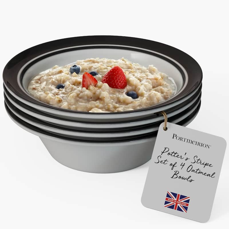 Portmeirion Set of 4 Potters Stripe Oatmeal Bowls - 6.5" D x 2" H - Black