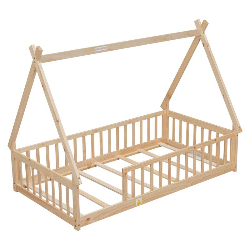 Twin Size Teepee Bed with Guardrails and Slats, Tent-Shaped Floor Bed