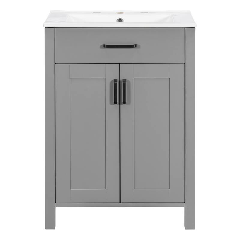 Small Bathroom Vanity with Ceramic Sink, Bathroom Cabinet with 2 Soft Close Doors & Drawers, Freestanding Storage Cabinet