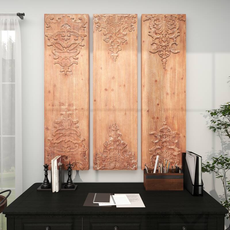 Brown Wood Carved Antefix Floral Home Wall Decor (Set of 3)