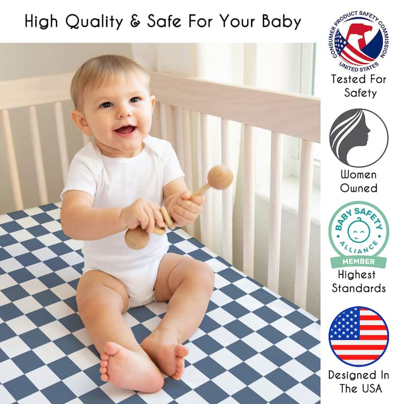Sweet Jojo Designs Blue Gingham Checkered Plaid Boy 2 Pack Fitted Crib Sheets - Solid Steel and Vintage Classic Checkerboard