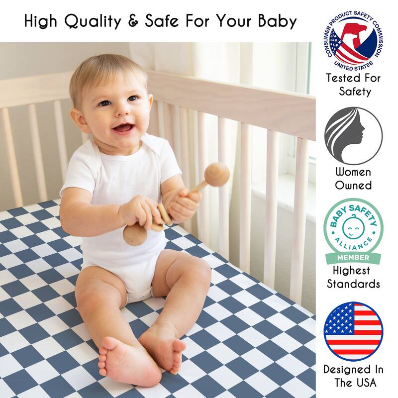 Sweet Jojo Designs Blue Gingham Checkered Plaid Boy Fitted Mini Portable Crib Sheet - Vintage, Classic, Checkerboard, Geometric