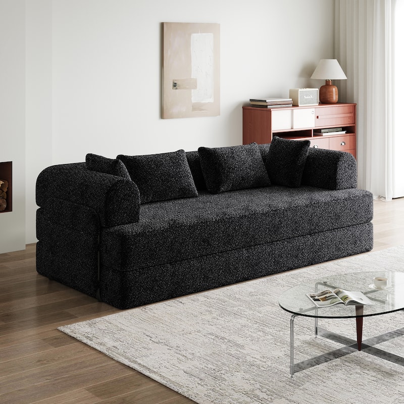 Chenille Floor Lounge Couch Convertible Sleeper Sofa Bed Folding Mattress with Cylindrical Pillow, Side Pocke and Metal Frame