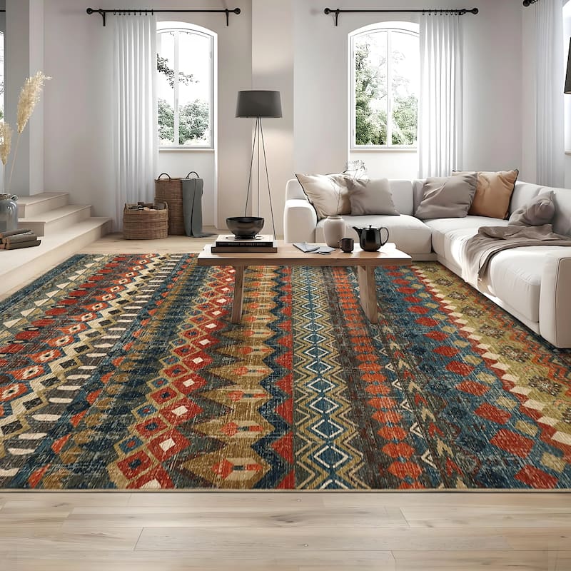 Garvee Boho Geo Low Pile Foldable Area Rug - 9' x 12' - Multicolor - Rectangle
