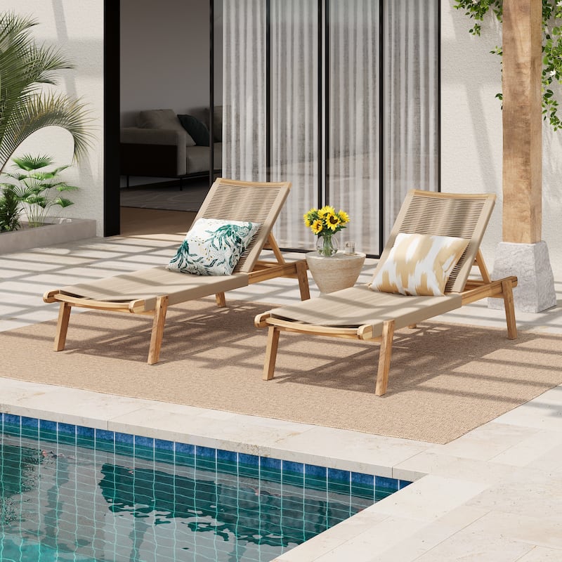 Christopher Knight Home - Nathan Outdoor Comfort Adjustable Acacia Chaise Lounge Set - Teak+Beige (Set of 2)