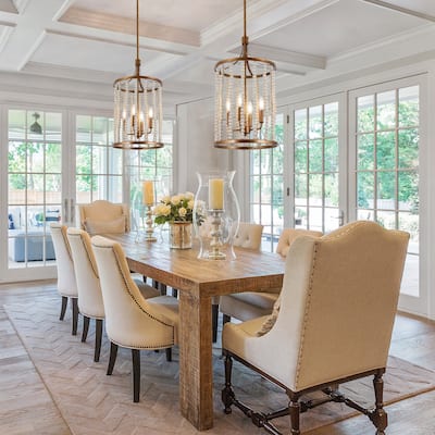 Renia Mid-century Modern Cylinder Wood Beaded Coastal Chandelier Distressed Gold 4-light Glam Hanging Lights