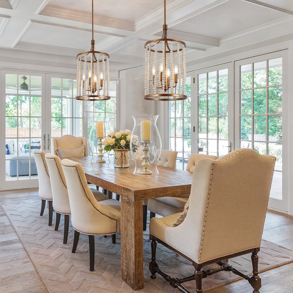 Renia Mid-century Modern Cylinder Wood Beaded Coastal Chandelier Distressed Gold 4-light Glam Hanging Lights
