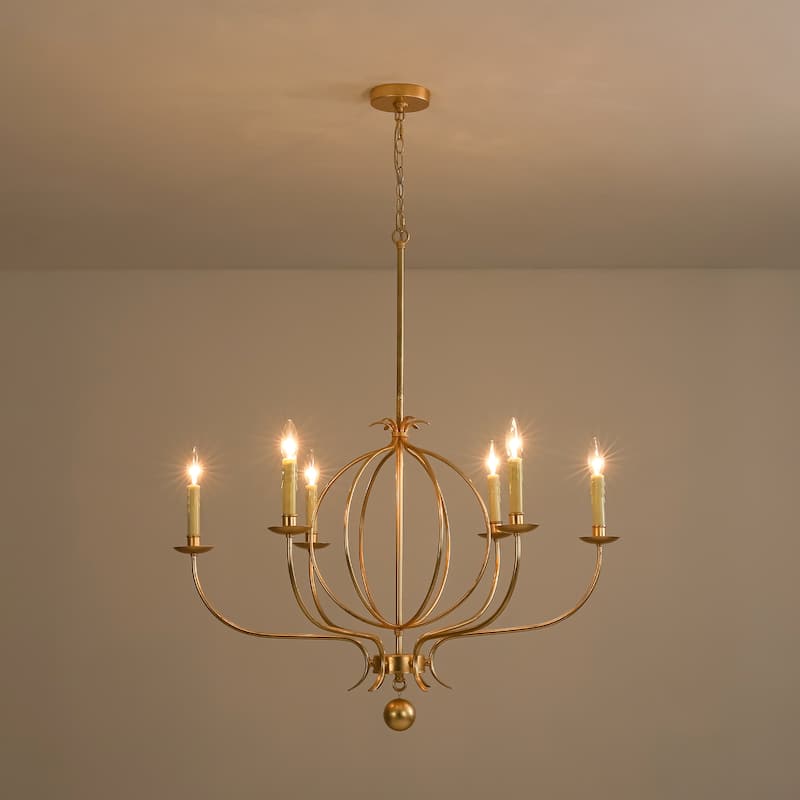 6-Light Mid-Century Modern Linear Sputnik Gold Leaf Chandelier for Living/Dining Room - 33.4 in. W x 37.8 in. H