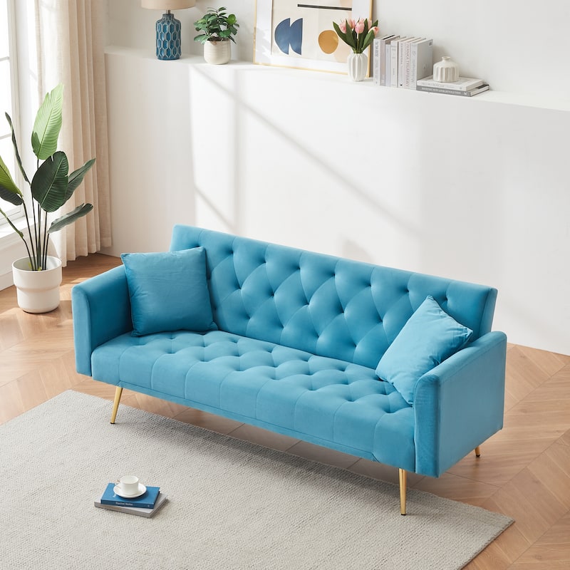 Velvet Loveseat Sofa Adjustable Backrest Sleeper Sofa Bed with 2 Pillow Upholstered Deep Seat Sofa, Tufted Couch