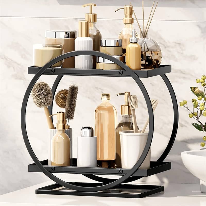Black Bathroom Organizer Counter Tray - 6"D x 11"W x 11.4"H - Black, Circular
