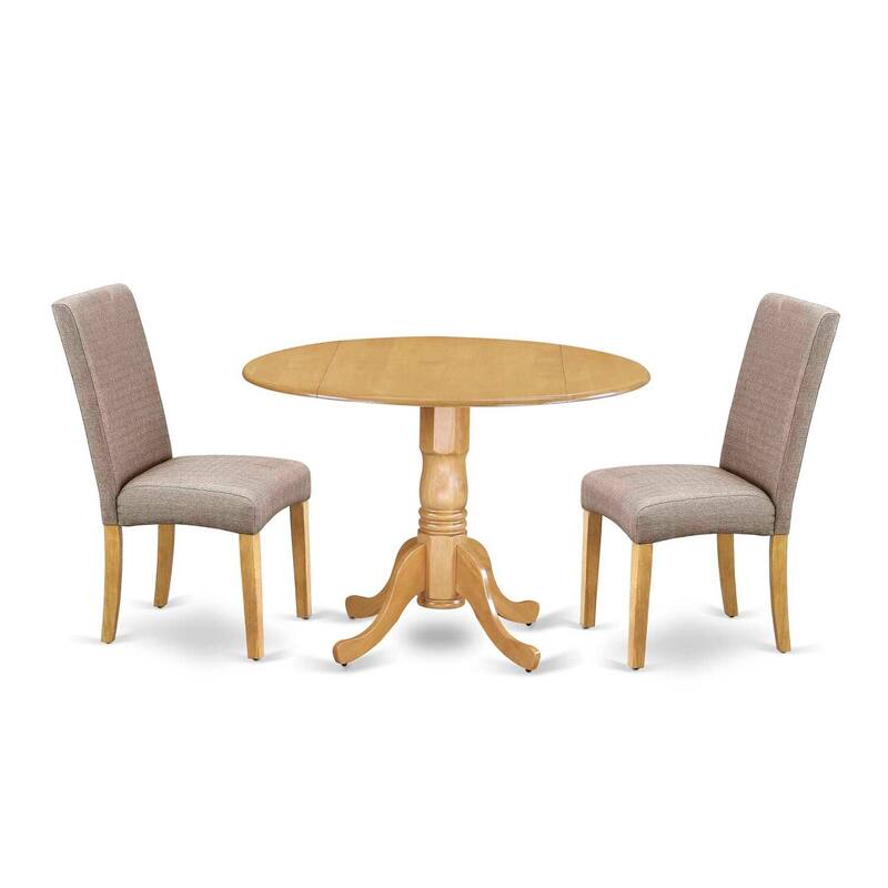Round Dining Table Set - 42 Inch Table with 2 Chairs - Linen Fabric Seats - Oak Finish Legs