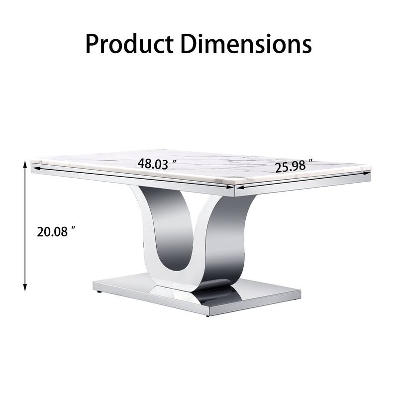 White Coffee Table with Stainless Steel Silver U Base and 48 smooth white textured top For Living Room