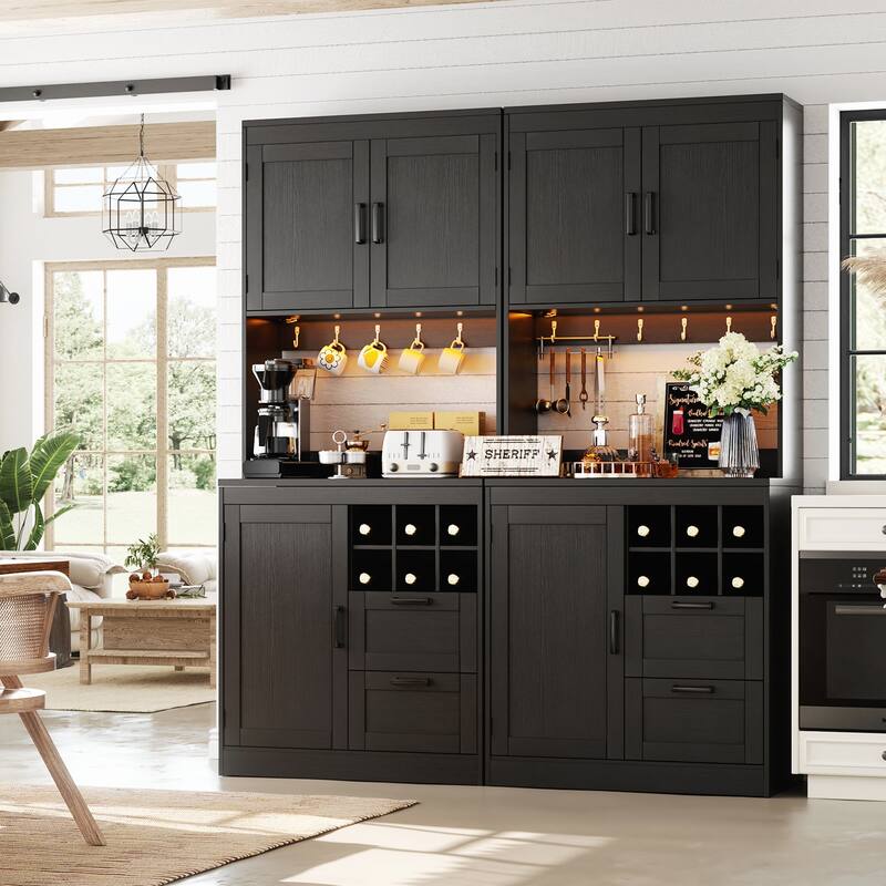 Farmhouse 72" Tall Kitchen Pantry Cabinet with Charging Station, Coffee Bar Cabinet with Hutch and LED Light