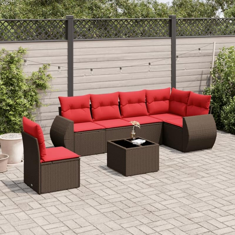vidaXL Patio Sofa Set with Cushions Outdoor Conversation Furniture Poly Rattan - 24.4 x 24.4 x 27.2 - Brown-With table