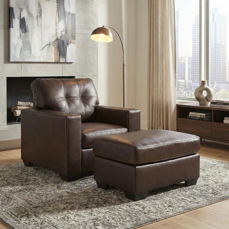 Roundhill Furniture Holmes Leather 2-Piece Living Room Set, Lounge Chair and Ottoman - Brown