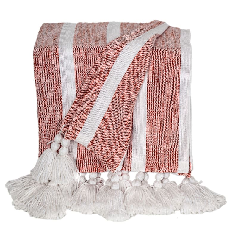 HomeRoots 50" X 60" Rust Woven Cotton Striped Throw Blanket with Tassels