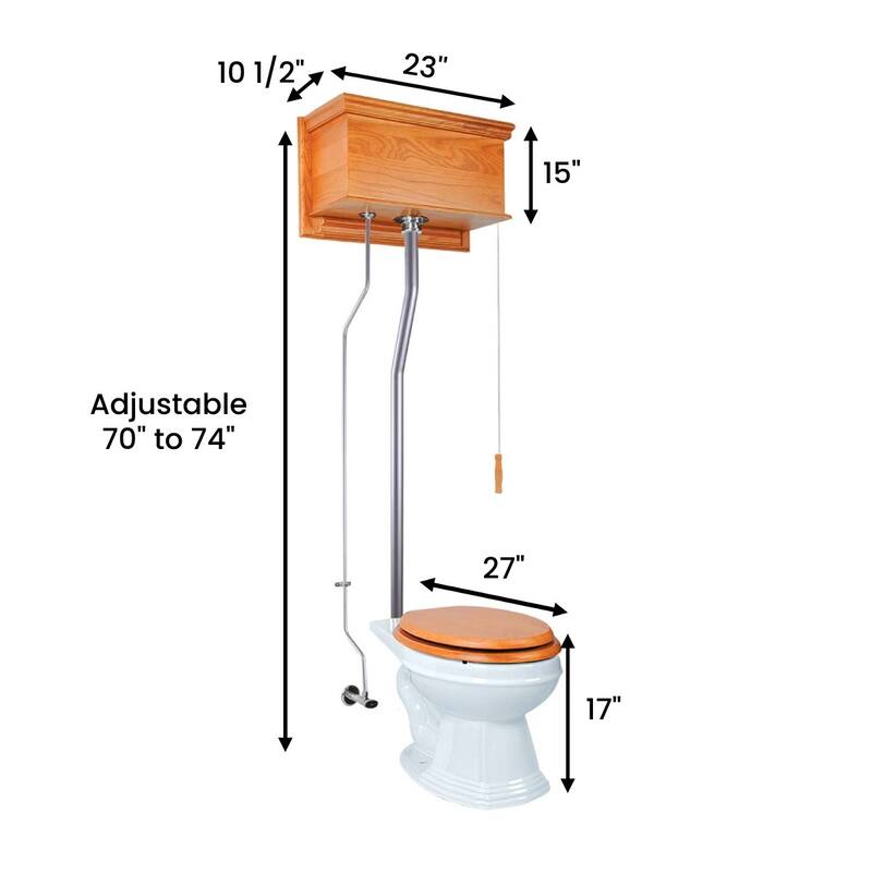 Mahogany Wooden High Tank Toilet Flat Tank, White Elongated Bowl and Brass L Pipe