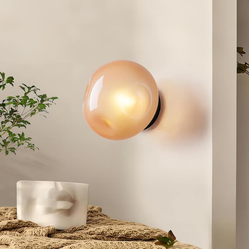 7.1" W Mid-Century Modern Matte Black Wall Sconce with Hand-Blown Smoked Gray/Pink Glass Shade for Bathroom, Staircase - Pink