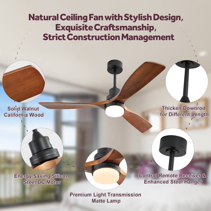 52 Inch Smart Ceiling Fan with LED 18W Triple Color Dimmable Memory Lighting 3 Walnut Finish Blades and DC Motor