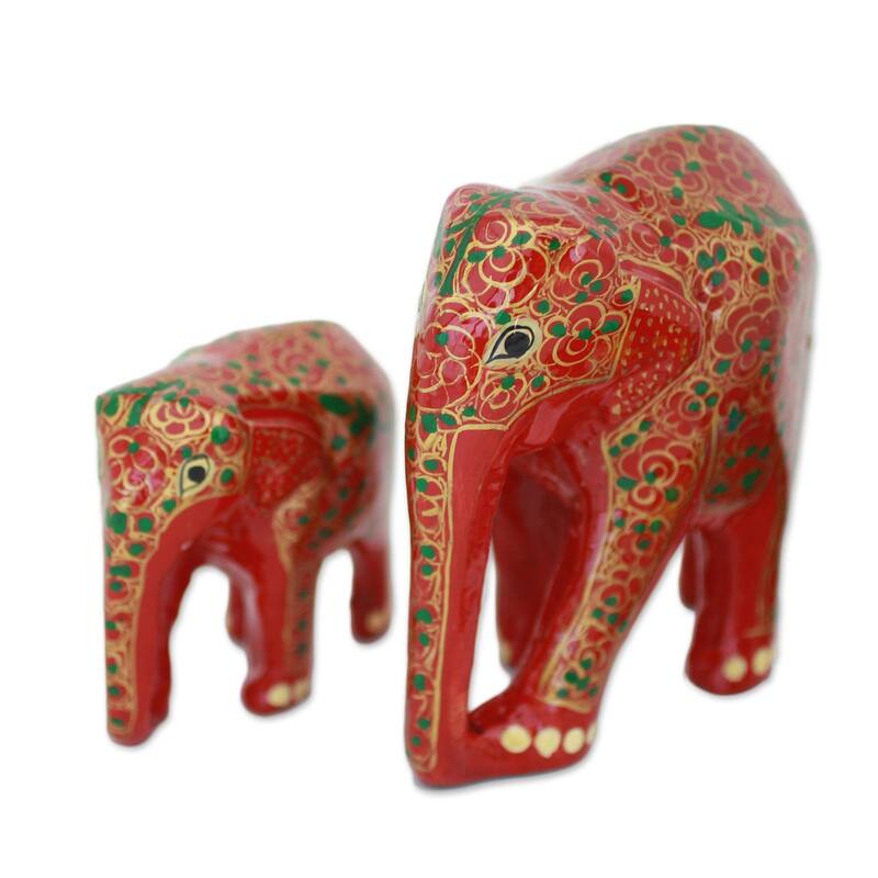 Wood and papier mache sculptures, 'Maternal Glow' (pair) - 4.9" H x 4.9" W x 3" D