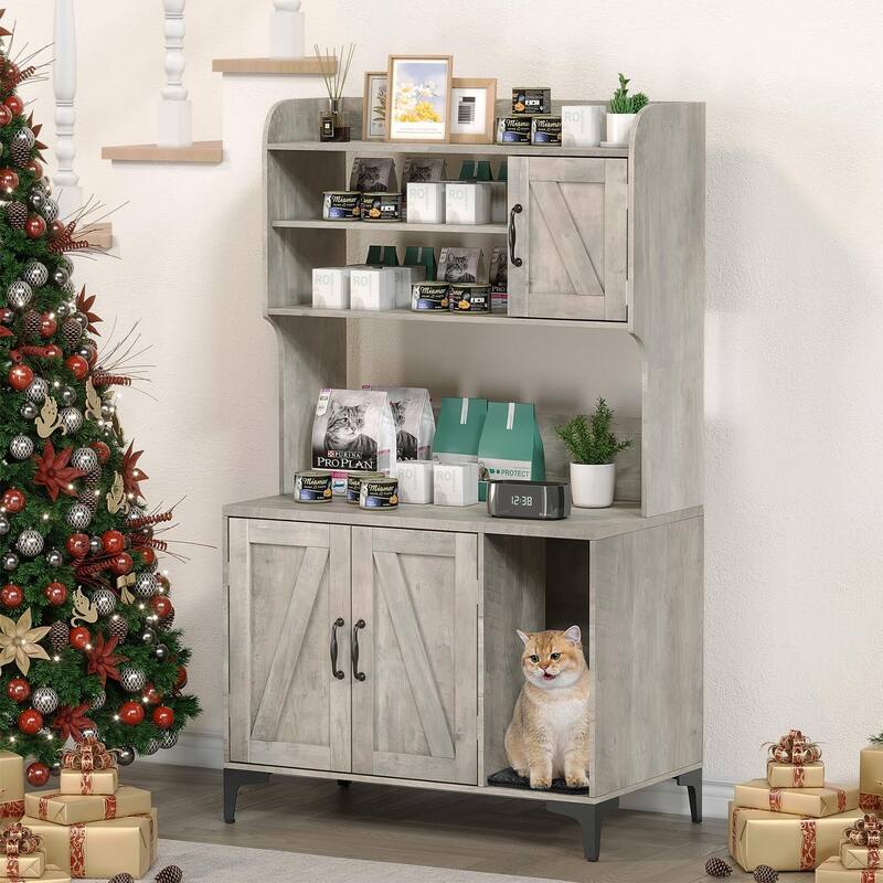 Cat Litter Box Enclosure With Shelves,Hidden Litter Box Furniture - Grey_With cat litter mat