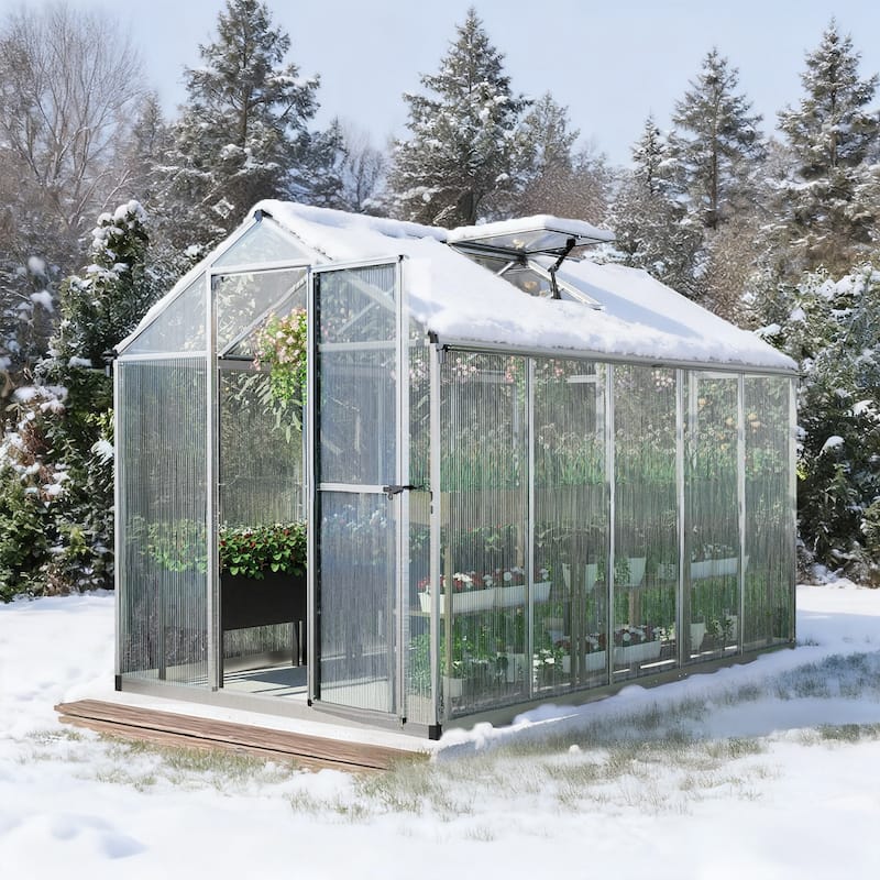 Aoodor Polycarbonate Walk-in Greenhouse with Aluminum Frame and Roof Vent