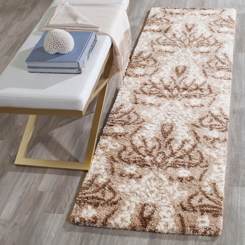 SAFAVIEH Florida Shag Niloufar Damask 1.2-inch Thick Rug - 2'3" x 11'7" Runner - Beige/Cream