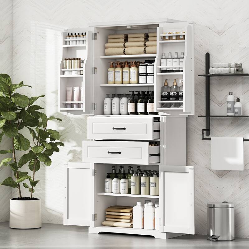 Bathroom Storage Cabinet with 2 Storage Drawers and 4 Doors, Freestanding Bathroom Floor Cabinet with Adjustable Shelf - White