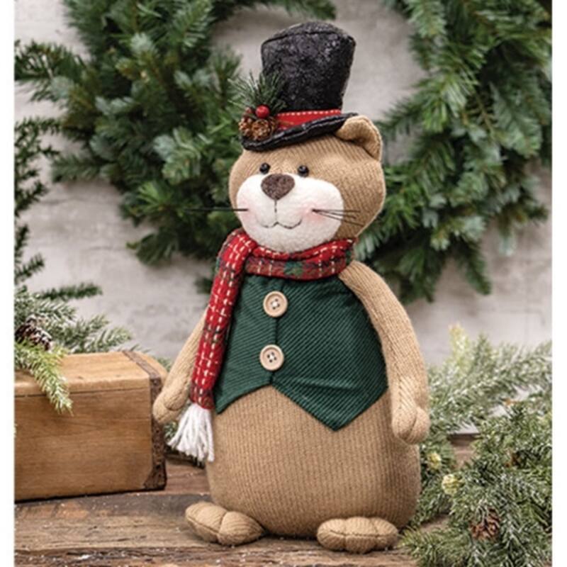 Light Brown Plush Cat Figurine Standing Holiday Decoration with Christmas Scarf and Hat - 15" H x 7" W x 9" D