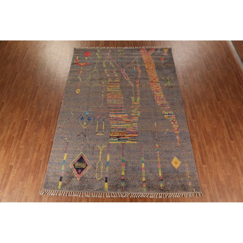 Brown & Blue Moroccan Abstract Area Rug Handmade Wool Carpet - 8'10"x 12'9"