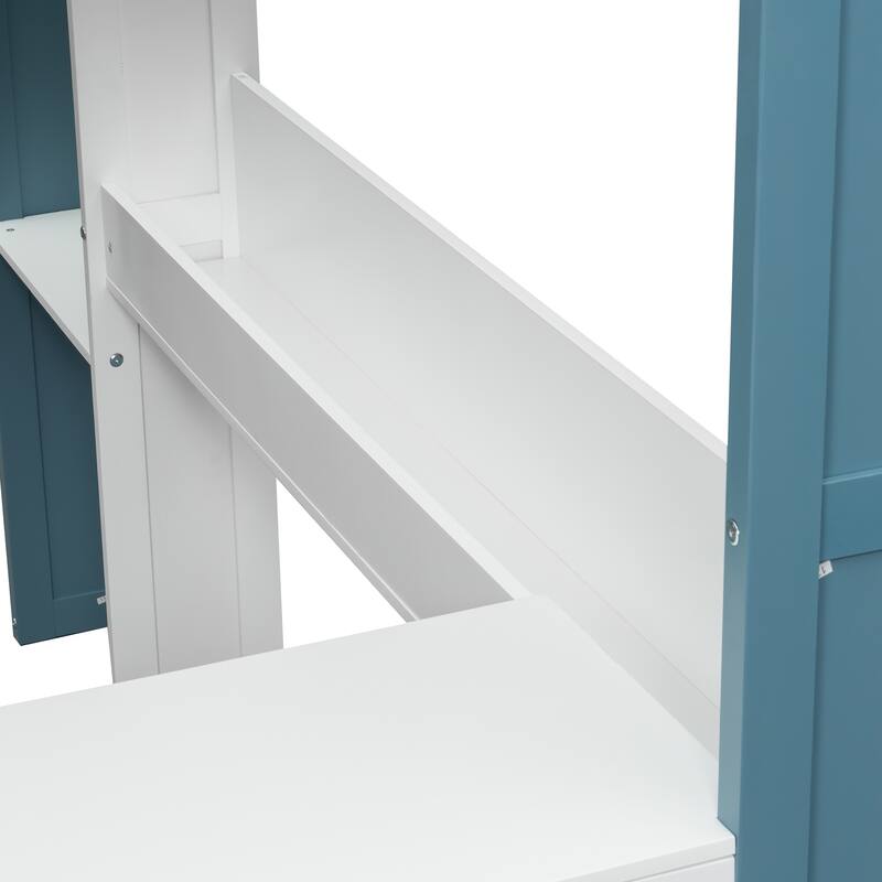 Full Size Wood Study Loft Bed with Built In Desk, Versatile Storage High Loftbed Frame with Shelves, Hanging Rod and Wardrobe